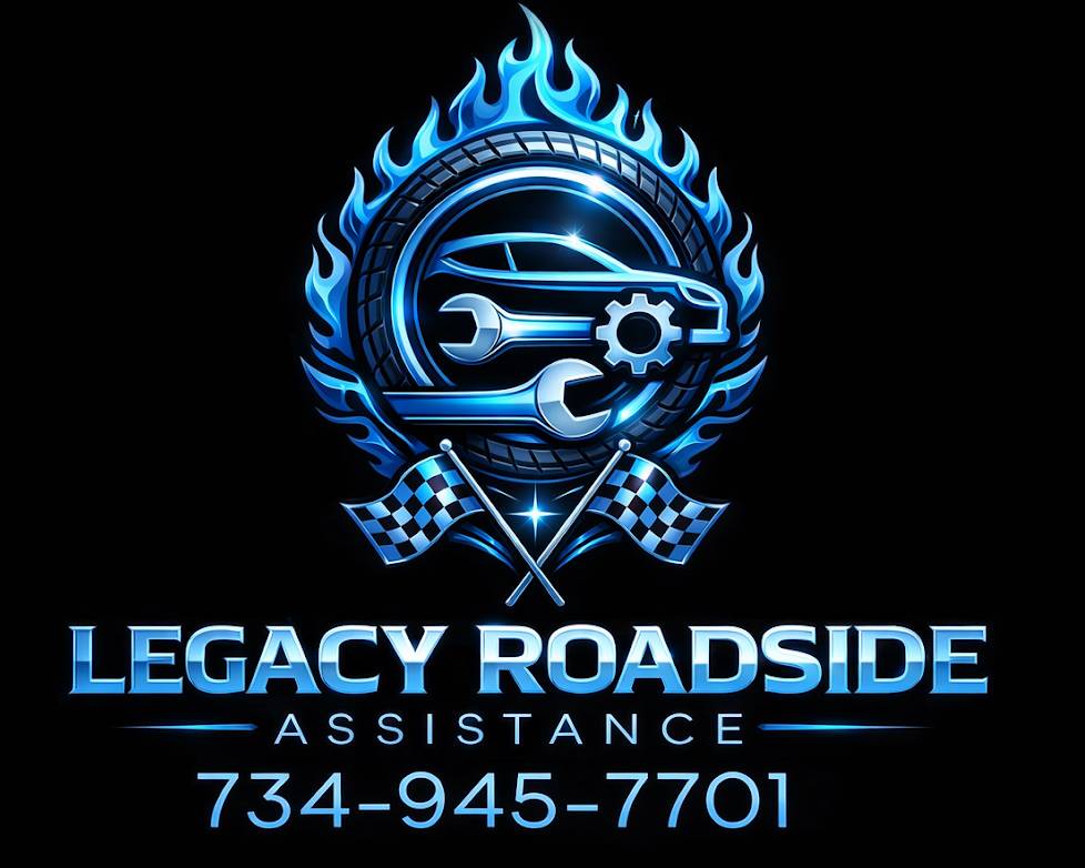 Legacy Roadside Assistance logo: blue flaming tire, car, tools, and checkered flags. Call 734-945-7701.